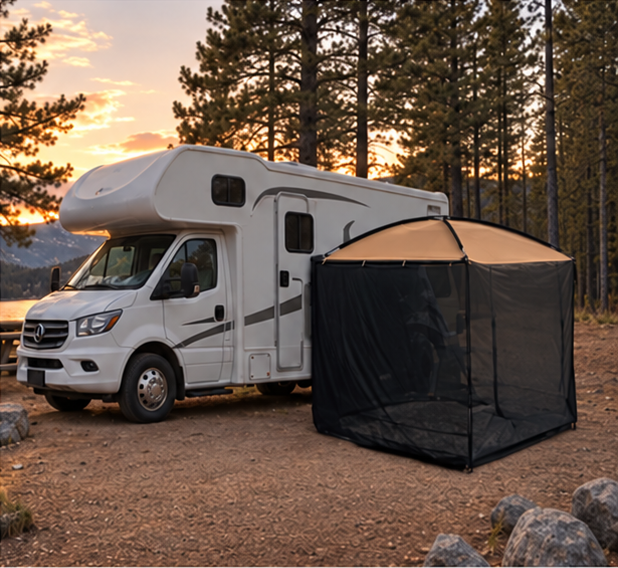 AT200 mesh awning tent beside a motorhome RV at a forest campsite
