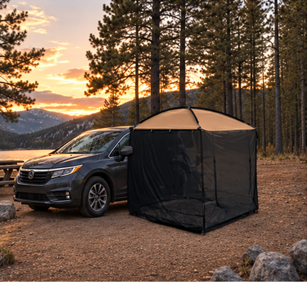 AT200 mesh awning tent beside a passenger van at a forest campsite