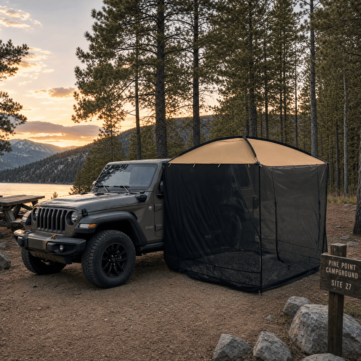 AT200 Portable Awning Tent beside a gray Jeep at a lakeside pine campground