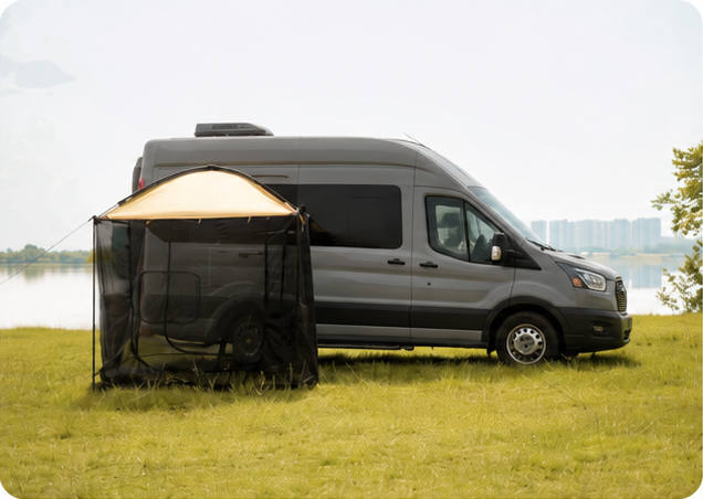AT200 mesh awning beside a gray high-roof camper van