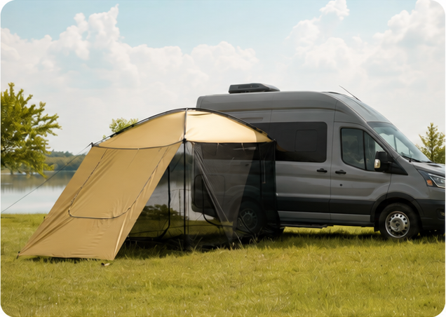 AT200 side wall panel beside a gray high-roof camper van