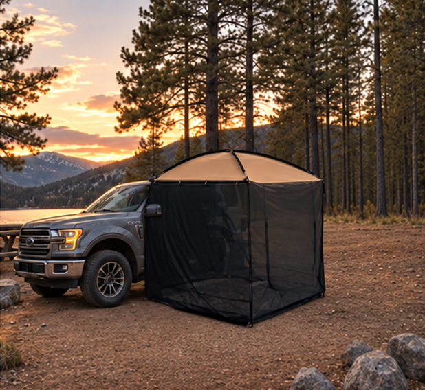 AT200 mesh awning tent beside a pickup truck at a forest campsite
