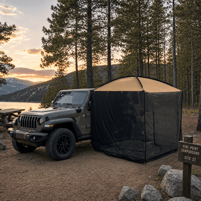 AT200 Portable Awning Tent beside a gray Jeep at a lakeside pine campground