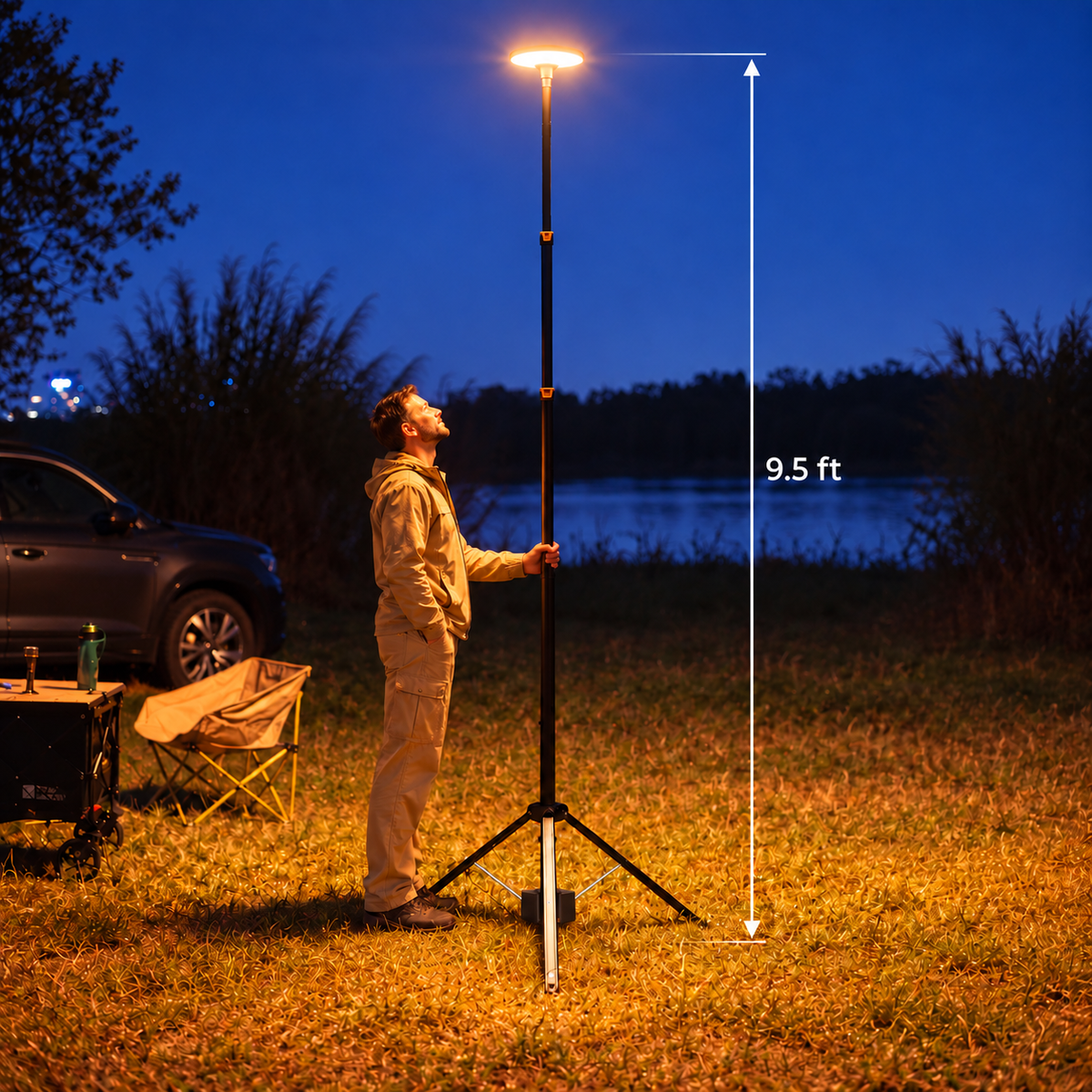 Carry 5 telescoping camping light extended to 9.5 ft, illuminating a campsite at night.